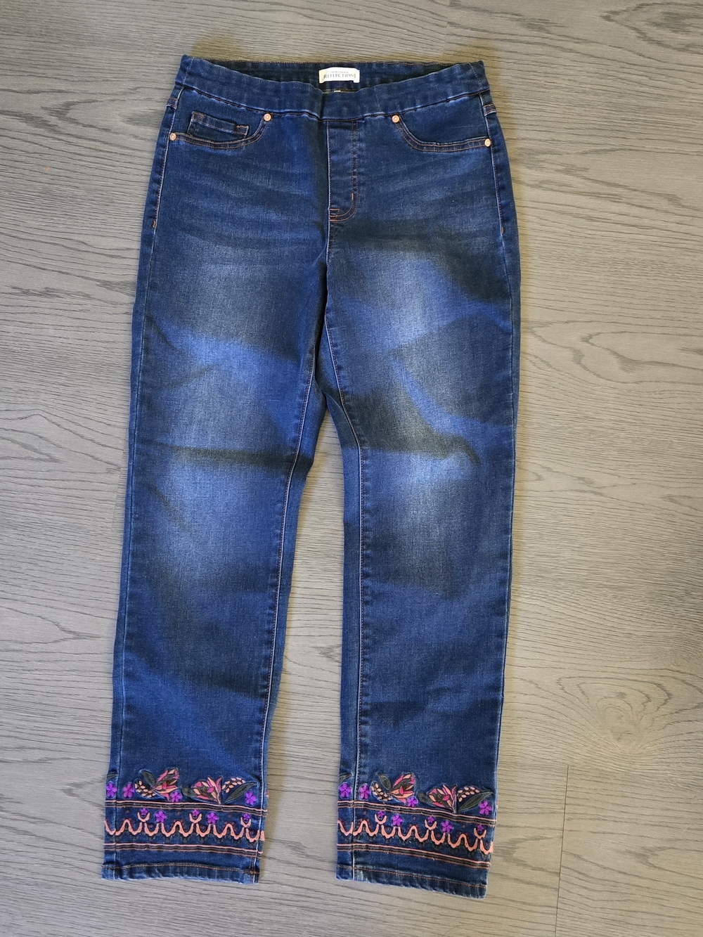 Northern Reflections Dark Blue Cropped Jeans with Gold & Purple Embroidered Hem